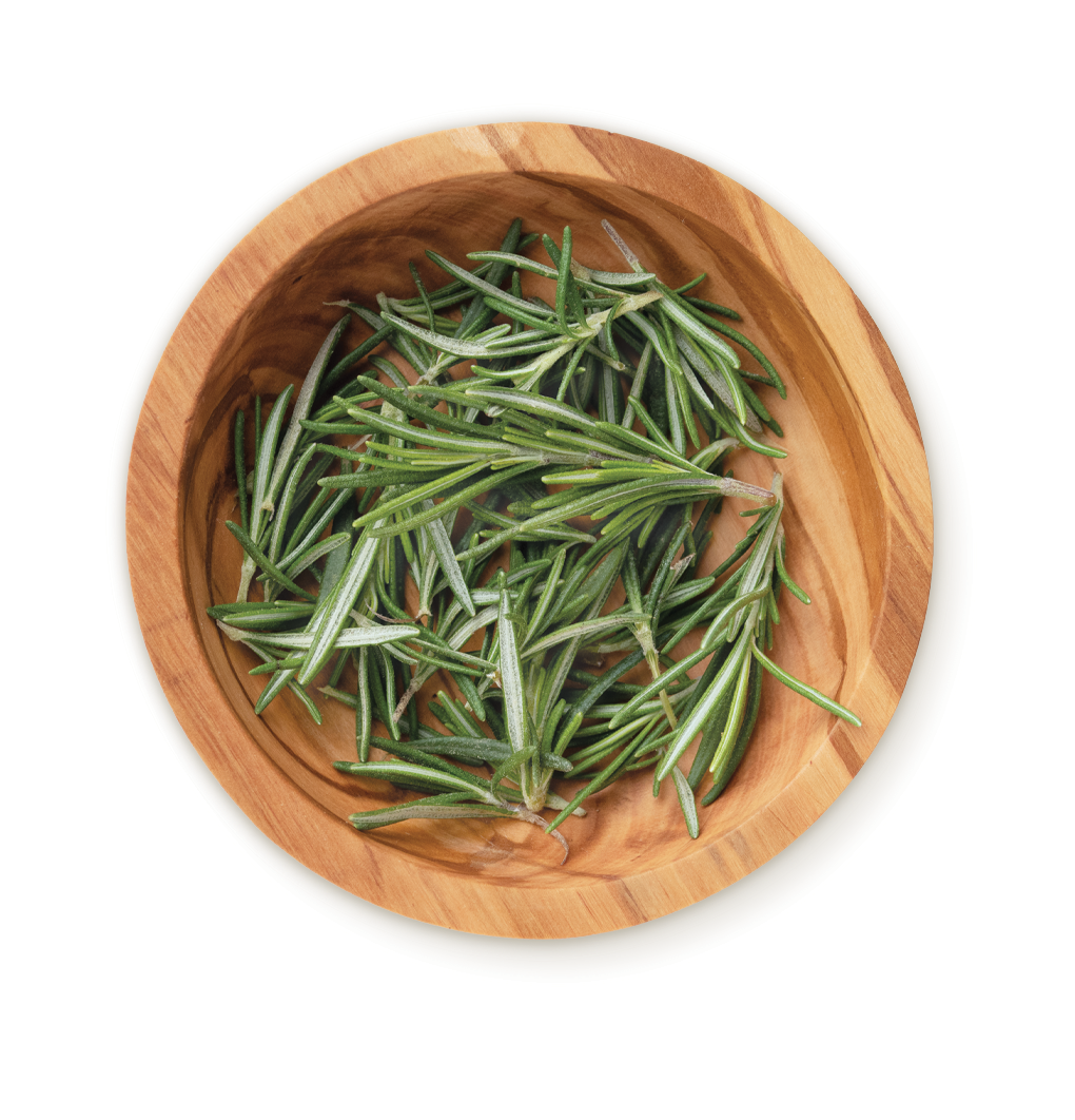 A wooden bowl containing fresh rosemary leaves.